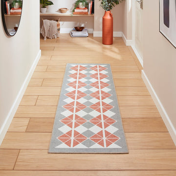 Washable Victoria H1184 Modern Vintage Diamond Grid Triangular Tessellation Lightweight Printed Polyester Flatweave Grey/Orange Rug-Think Rugs-Rug Love - The Most Loved Rug Store